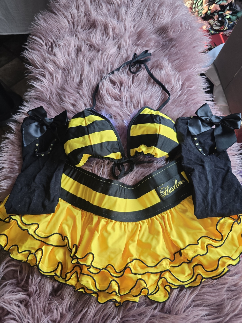 Hustler Hollywood Yellow & Black Bee   Top And Mini Skirt, Matching Bow Socks